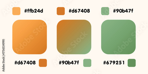 Gradient collection, shiny rainbow hologram. Holographic foil texture, green, yellow, brown gradation. Catalog of samples palettes in RGB HEX. Vector set for frame, border, other design.