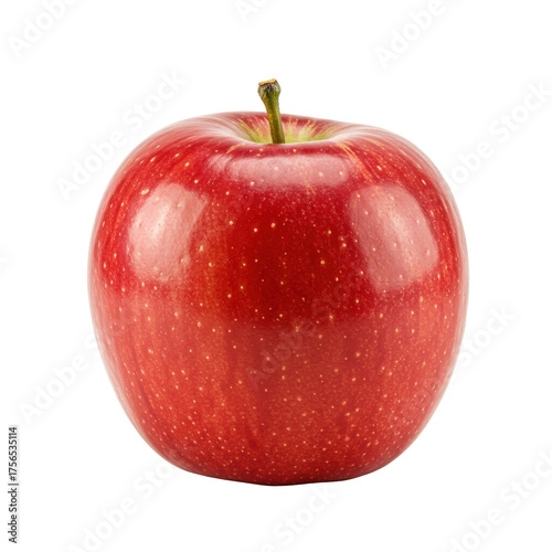 A single, perfectly ripe red Gala or Fuji apple with a vibrant green stem and mottled skin, isolated on a crisp white background with negative space, under studio light, concept of fresh healthy