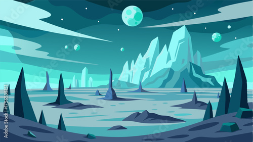 An otherworldly landscape with strange alienlike ice formations protruding from the ground.