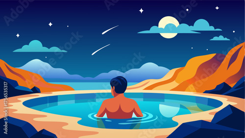 A lone traveler soaking in a natural hot spring gazing at the starry sky and feeling the rejuvenating warmth of the mineralrich water.