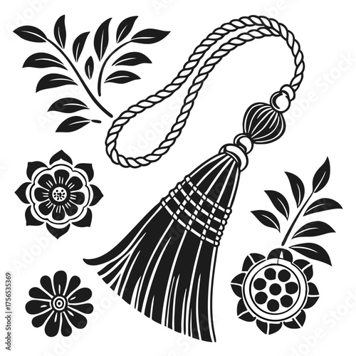 Floral and Tassel Vector Illustration Set - Black and White Elements.

