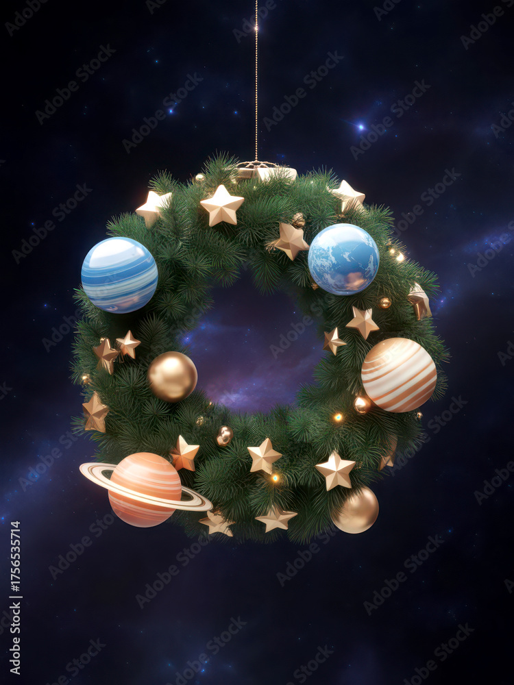 Fototapeta premium Christmas Wreath with Planets and Stars Galactic Holiday Decor