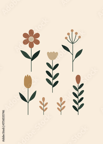 minimalist and modern floral art, organic and scandinavian. neutral colors pink, yellow, terracotta, green, beige. plants, leaves, garden, decor
