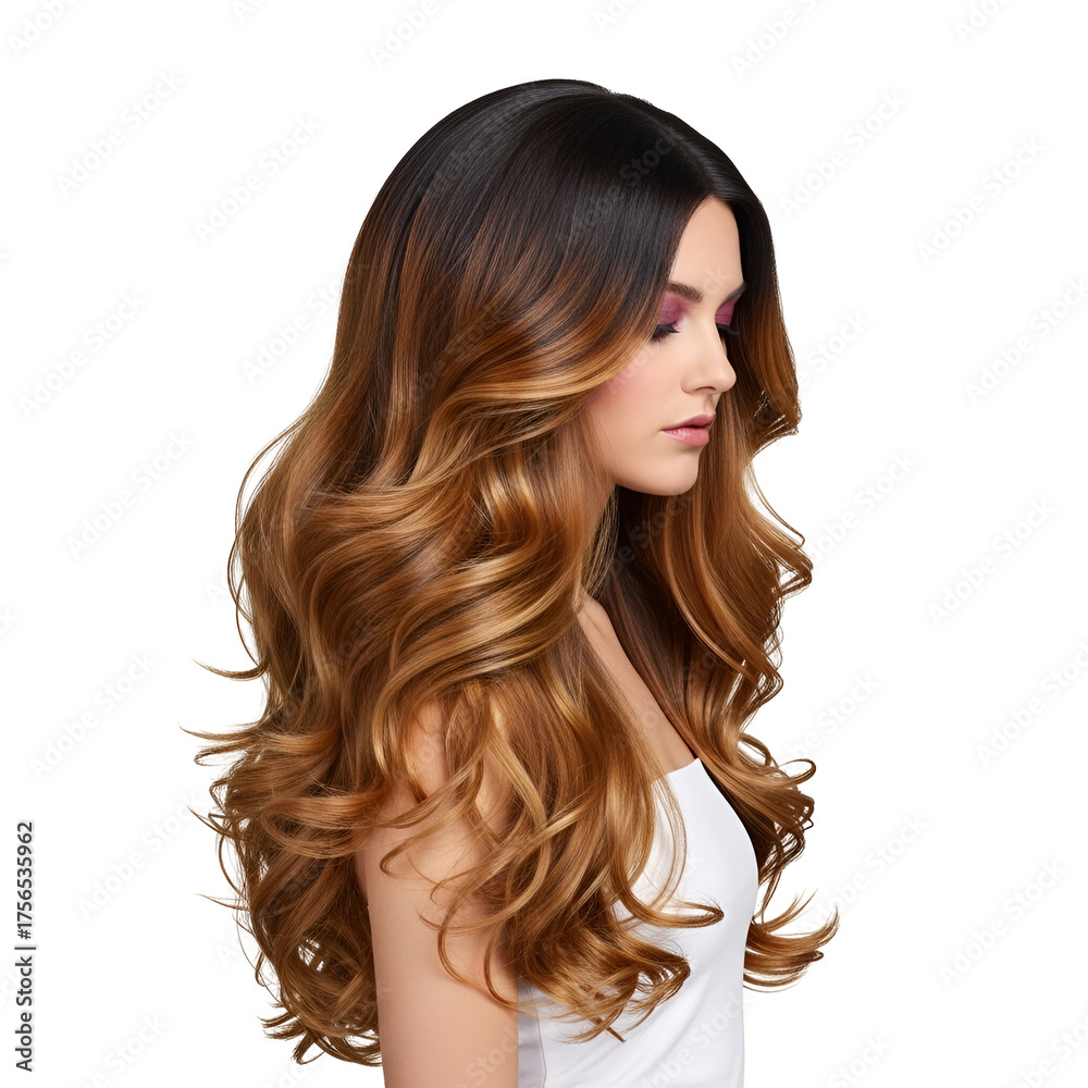 Fototapeta premium Beautiful young woman with luxurious long ombre balayage hair, dark roots transitioning to golden caramel blonde waves, beauty studio shot on white background.