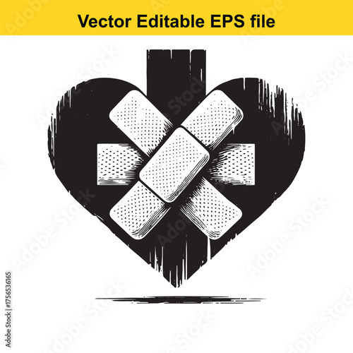 vector art of black heart with crossed bandaids