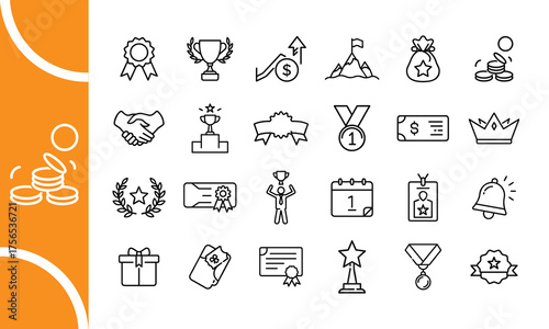 Collection of hand drawn outline icons representing achievement success awards and recognition symbols including trophies medals certificates and prizes