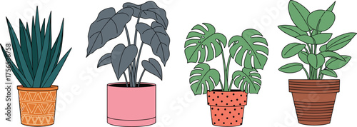 Stylized potted plant illustration, Monstera and foliage clipart, decorative pot designs, indoor greenery art, botanical decor asset, home garden graphic