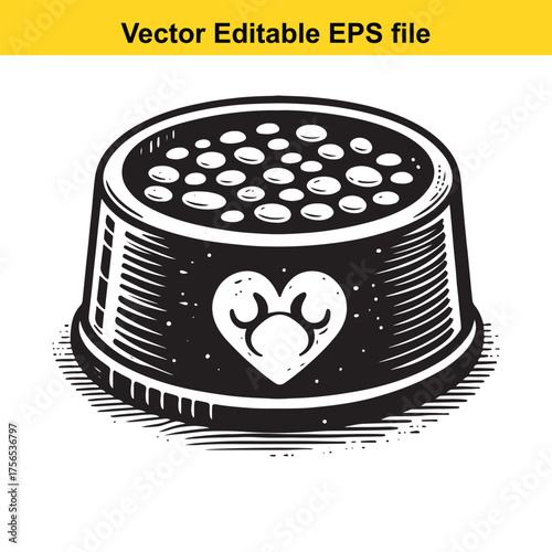 vector art of a black and white illustration of a pet food bowl filled with kibble