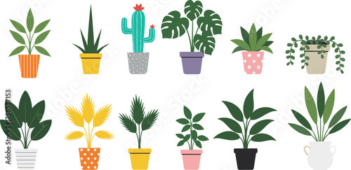 Stylized potted plants, colorful foliage clipart, cartoon botanical illustration, succulent and cactus mix, home decor design, cheerful greenery, whimsical art