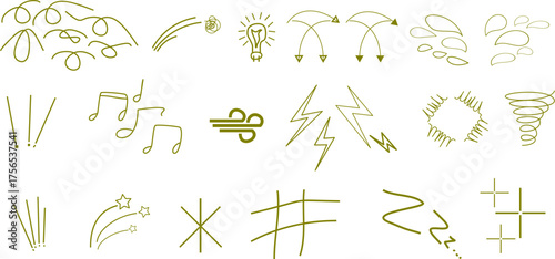 Collection of various hand-drawn doodle style elements, including musical notes, lightning bolts, and stars.