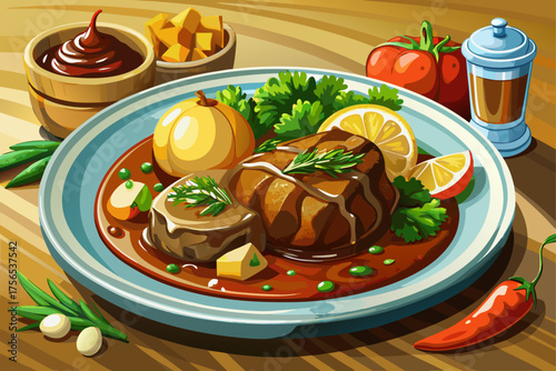 vector of One of the national dishes of Germany!
The beef is marinated in vinegar, wine and spices and then slowly cooked. It has a soft and tender taste that is served with potatoes and vegetables.