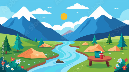 A picturesque picnic by a sparkling mountain stream with colorful wildflowers dotting the surrounding landscape.