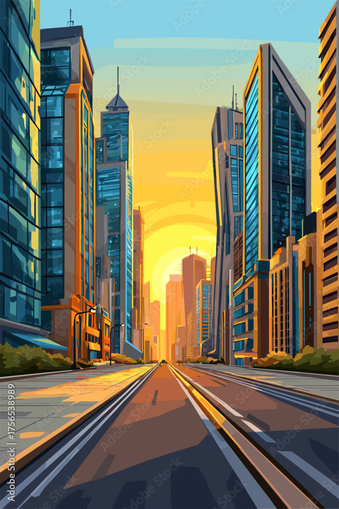 Obraz premium Stylized Urban Landscape at Sunset with Skyscrapers and Road