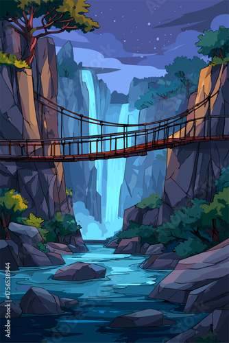 Serene Waterfall Landscape with a Suspension Bridge at Night