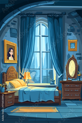 Cozy Bedroom Interior in a Gothic Style with Large Window and Artistic Decoration