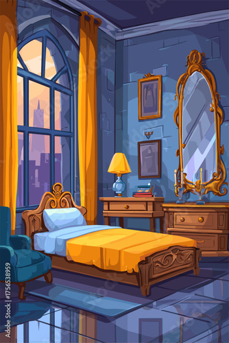 Cozy Bedroom with Elegant Window and Vintage Furniture in Warm Colors