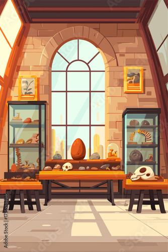 Illustration of a Natural History Museum Interior with Fossils and Artifacts