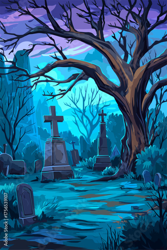 Mysterious Graveyard Scene with Eerie Atmosphere and Twisted Tree