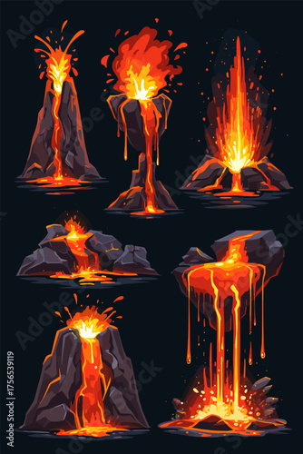 Creative Vector Illustrations of Vibrant Volcano Eruptions and Lava Flows