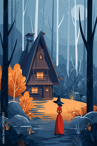 Enchanting Witch in Front of a Cozy Cabin in a Mysterious Forest