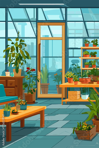 Bright and Cozy Greenhouse Interior with Lush Plants and Sunlight