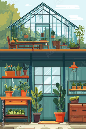 Stylish Greenhouse Interior with Lush Plants and Cozy Seating Area