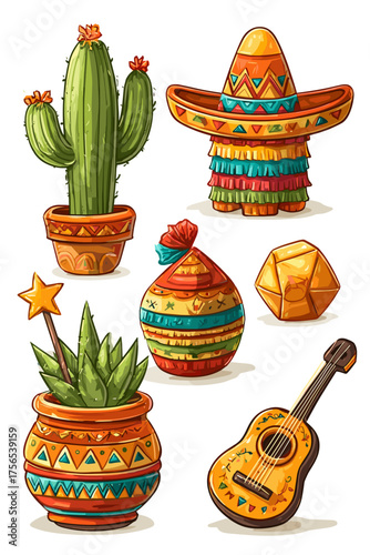 Colorful Mexican-themed Illustrations with Cactus, Guitar, and Decorative Items