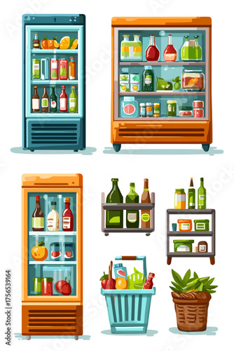 Colorful Refrigerators and Shelves Filled with Groceries and Beverages