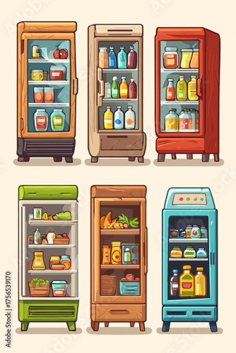 Colorful Variety of Refrigerators Showcasing Food and Beverages