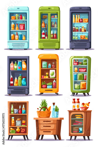 Colorful Refrigerator Designs with Various Food Items and Drinks in Vector Style