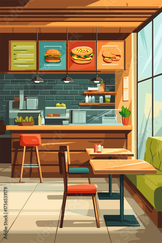 Cozy Modern Cafe Interior with Colorful Menu and Tables