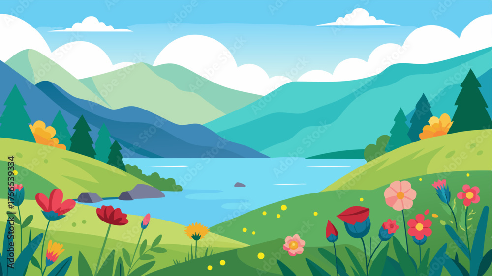 Naklejka premium An inviting view of a peaceful lake nestled between rolling hills adorned by a colorful meadow of wildflowers a onceinalifetime spot for a serene getaway.
