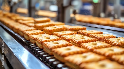 Rows of square crackers on a conveyor belt in a factory.