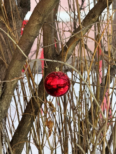 Single red Christmas ornament hanging on a bare branch over snow, creating a minimalist winter holiday scene.