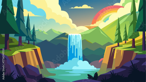A picturesque forest waterfall with the suns rays shining down and creating a rainbow in the mist.