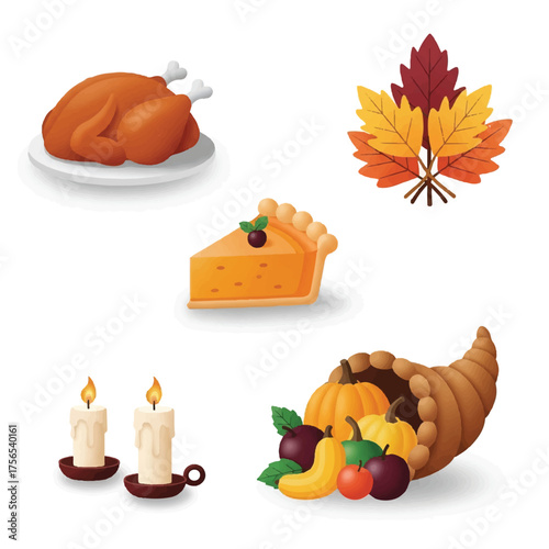 Flat vector illustration of a Thanksgiving cornucopia with autumn leaves, roasted turkey, pumpkin pie, and lit candles on a clean white background.