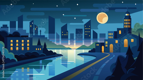 A nocturnal view of the city where the city lights dance against the dark sky and its reflection gleams on the river that s through it.