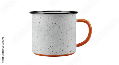Speckled Enamel Mug with Orange Handle on Black Background