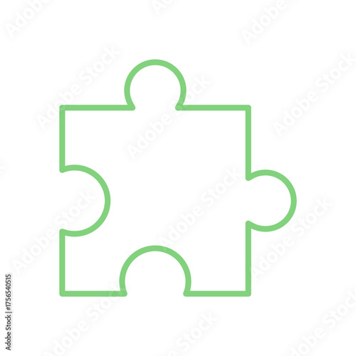 Flat silhouette jigsaw puzzle piece in green outline style. Minimalistic puzzle element for table games or boardgame hobby. Perfect for playful concepts, kids activities, or toy design.