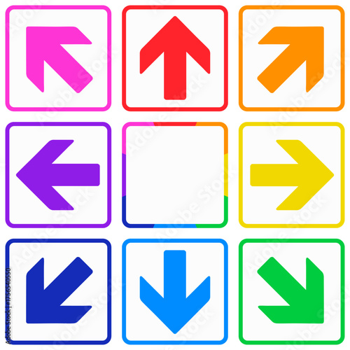 八方向を示す矢印アイコン レインボーカラーのフレームタイル型セット