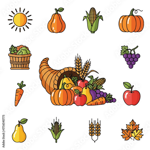 Flat vector illustration of a Thanksgiving cornucopia surrounded by seasonal fruits and vegetables against a clean white background.