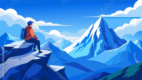 A daring adventurer perched on the edge of the plateau taking in the majestic panorama of snowcapped mountains and endless blue skies.