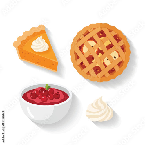 Flat vector illustration of a thanksgiving spread featuring a pumpkin pie slice, whole pie, cranberry sauce, and whipped cream on a clean white background.