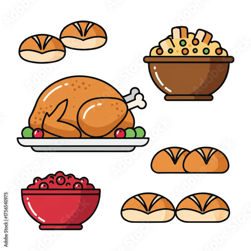 Flat vector illustration of a traditional Thanksgiving dinner with roasted turkey, bread rolls, and side dishes on a white background.