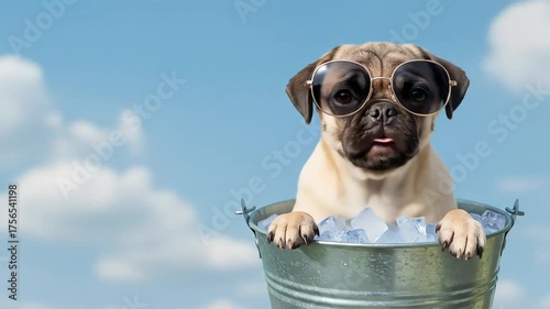 Playful Pug Puppy in Ice Bucket with Sunglasses