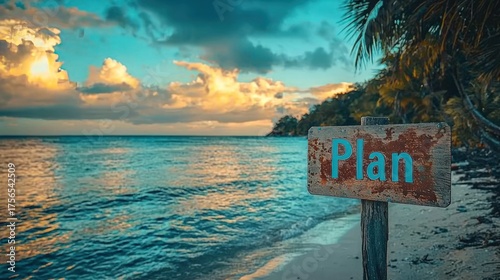 Tropical beach scene with a plan sign, ocean view, and cloudy sky.