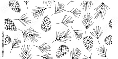 Seamless Pine Needles and Pine Cones Vector Pattern Hand-Drawn Sketch