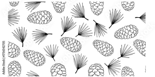 Seamless Pine Needles and Pine Cones Vector Pattern Hand-Drawn Sketch
