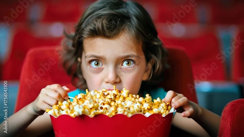 Movie Night Munchies: A young girl is immersed in a cinematic experience, her eyes wide with wonder as she enjoys a bucket of delicious popcorn.