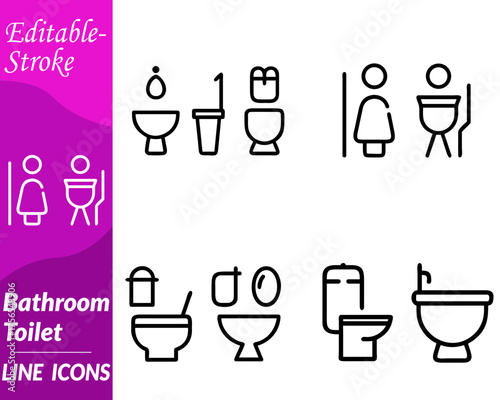 An icon depicting a modern toilet bowl or restroom seat. sometimes shown with a flush button, water droplet, or hygiene sparkle symbols. Designed in a clean, minimal vector style with smooth lines.